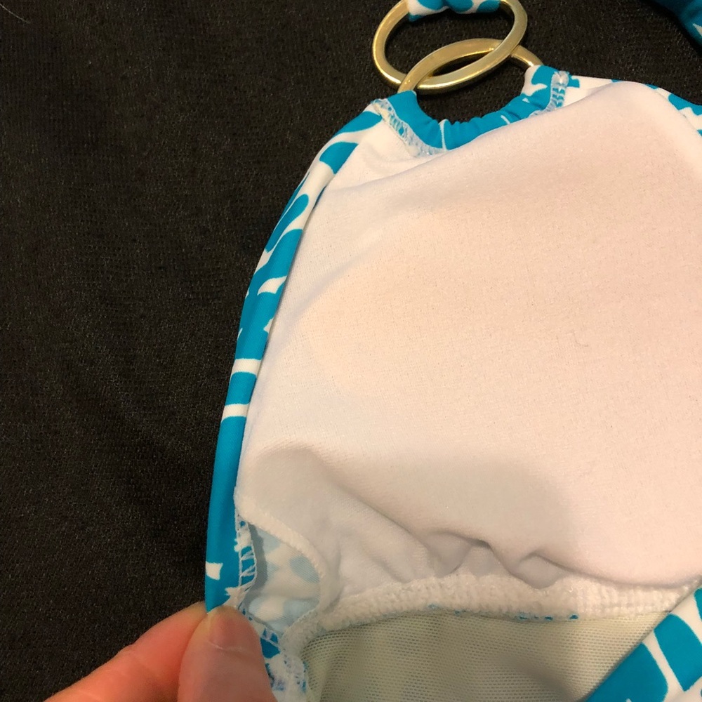 White & teal w/ gold detail swimsuit - Picture 3 of 6